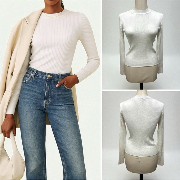 301 H&M | NWOT White Ribbed Knit Long Sleeve Crew Neck Pullover Sweater (size S) - Picture 1 of 13